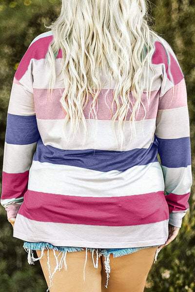 Plus Size Striped Slit Long Sleeve T-Shirt - Trendsi - Flyclothing LLC