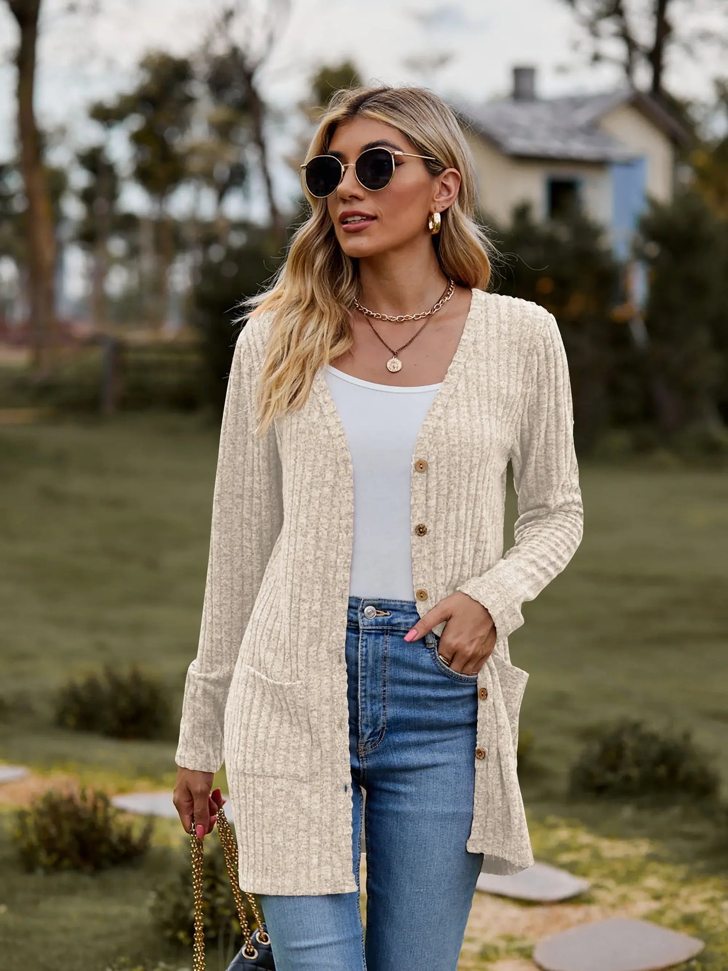 Ribbed Button-UP Caradigan with Pockets - Trendsi - Flyclothing LLC