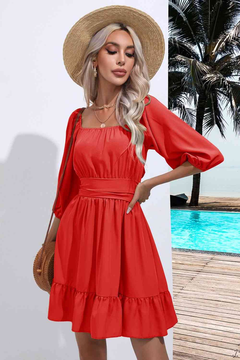 Square Neck Tie Back Ruffle Hem Dress - Trendsi - Flyclothing LLC