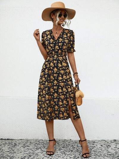 Slit Printed V-Neck Short Sleeve Dress - Trendsi - Flyclothing LLC