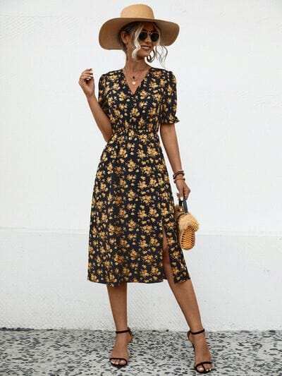 Slit Printed V-Neck Short Sleeve Dress - Trendsi - Flyclothing LLC