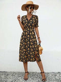 Slit Printed V-Neck Short Sleeve Dress - Trendsi - Flyclothing LLC