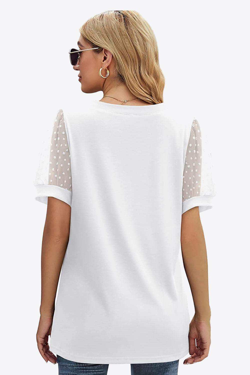 Swiss Dot Puff Sleeve V-Neck Tee - Trendsi - Flyclothing LLC