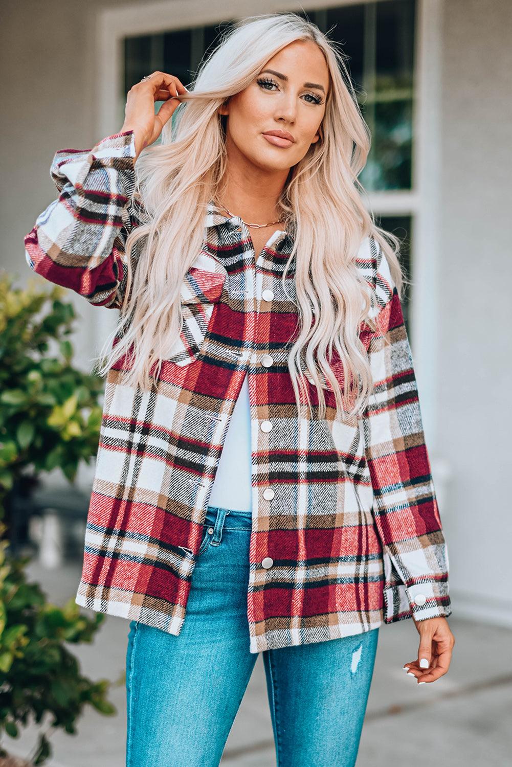 Plaid Button Front Shirt Jacket with Breast Pockets - Flyclothing LLC