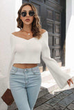 Cropped V-Neck Flare Sleeve Knit Top - Trendsi - Flyclothing LLC