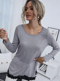Spliced Lace Contrast Round Neck Top - Trendsi