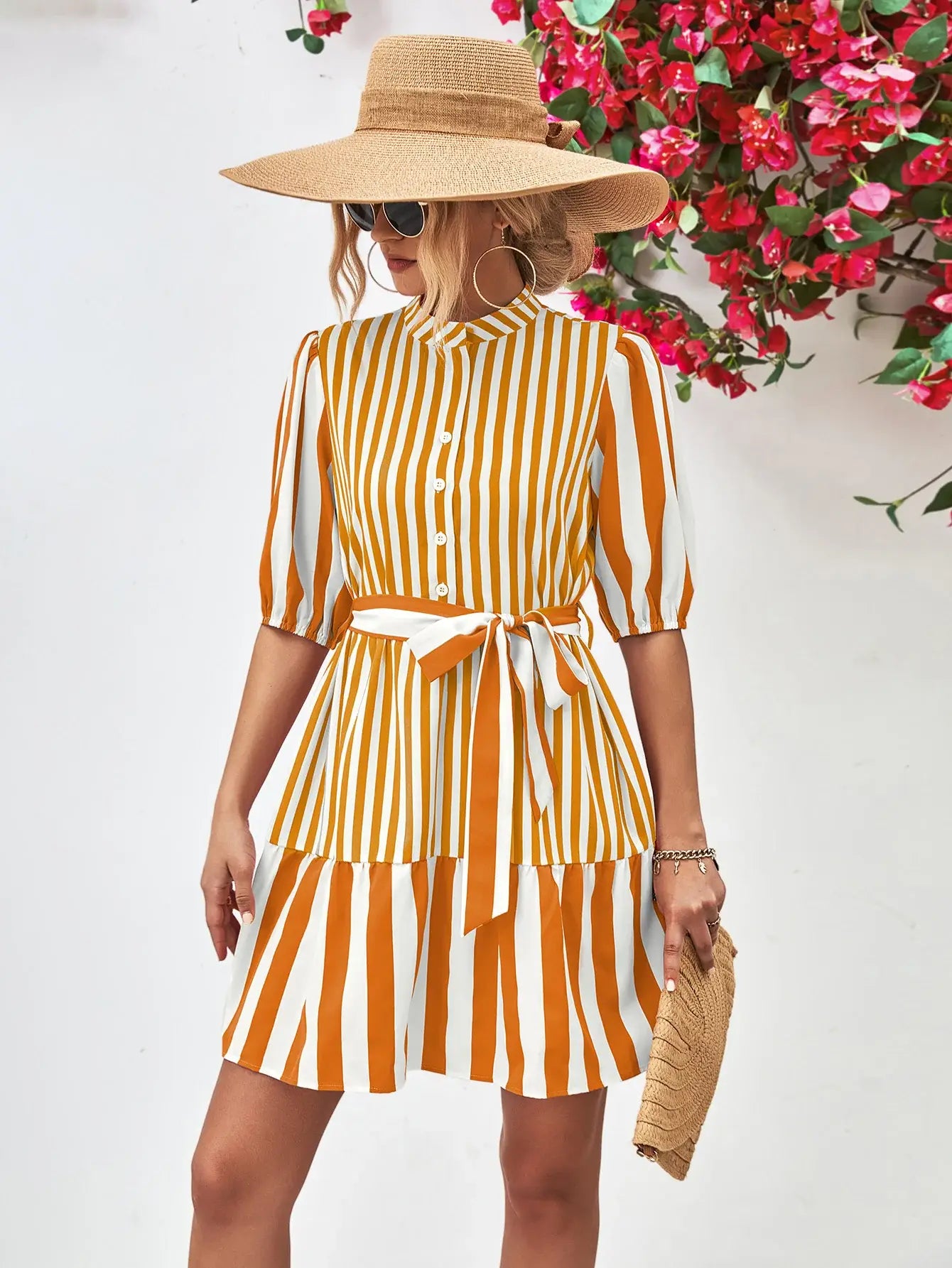 Striped Half Sleeve Tie Waist Mini Dress - Trendsi - Flyclothing LLC