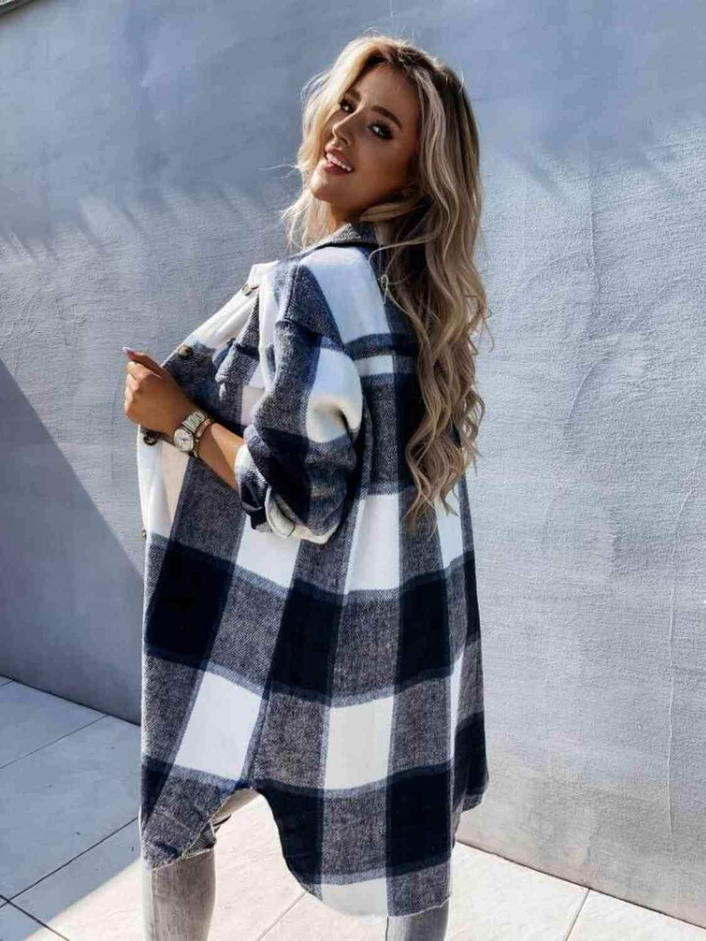 Plaid Collared Neck Longline Shirt - Trendsi - Flyclothing LLC