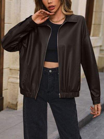 Pocketed Zip Up Collared Neck Jacket - Trendsi - Flyclothing LLC