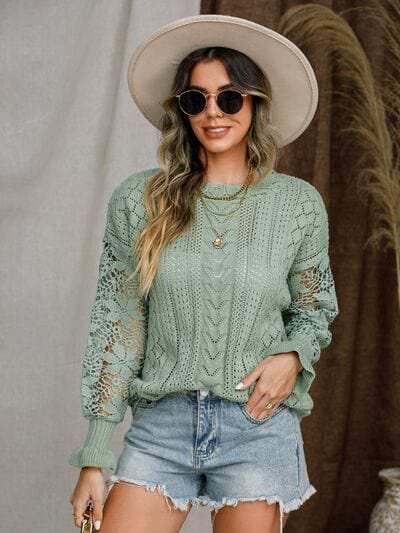 Eyelet Crochet Lantern Sleeve Sweater - Trendsi - Flyclothing LLC