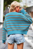 Striped Round Neck Drop Shoulder Slit Sweater - Trendsi - Flyclothing LLC