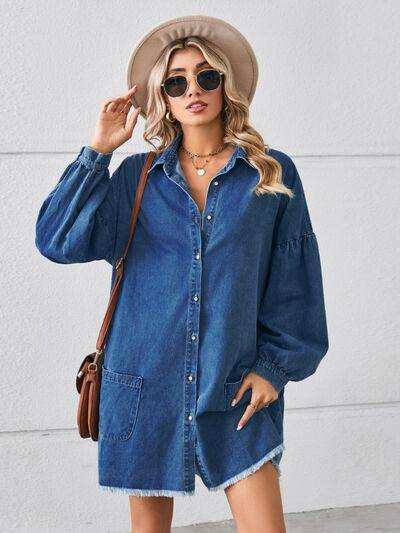 Button Up Pocketed Raw Hem Denim Dress - Trendsi - Flyclothing LLC