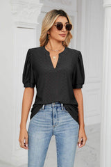 Eyelet Short Puff Sleeve Notched Neck Top - Trendsi - Flyclothing LLC