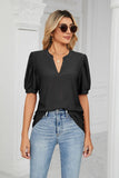 Eyelet Short Puff Sleeve Notched Neck Top - Trendsi