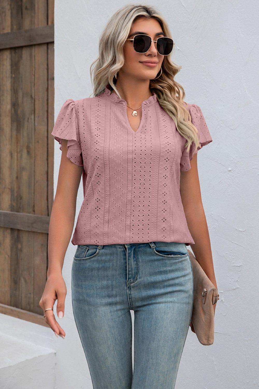 Eyelet Notched Neck Flutter Sleeve Top - Trendsi - Flyclothing LLC