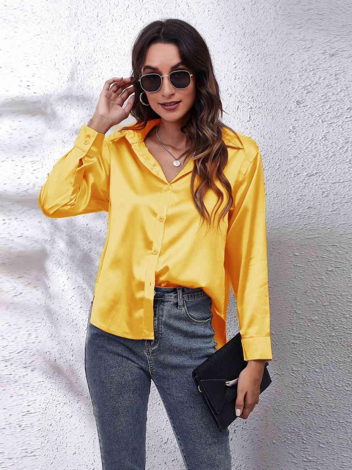 Collared Neck Buttoned Long Sleeve Shirt - Trendsi