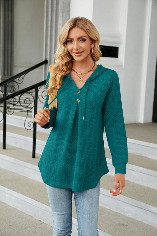Long Sleeve Hooded Blouse - Trendsi