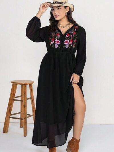 Plus Size Embroidered Tie Neck Long Sleeve Dress - Trendsi - Flyclothing LLC