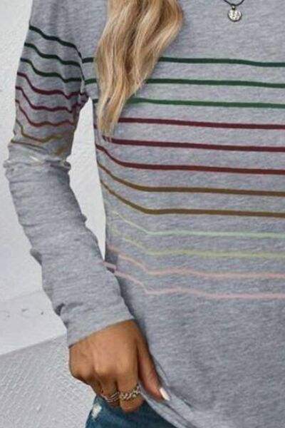 Striped Round Neck Long Sleeve T-Shirt - Trendsi - Flyclothing LLC