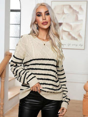Striped Round Neck Cable-Knit Sweater - Flyclothing LLC