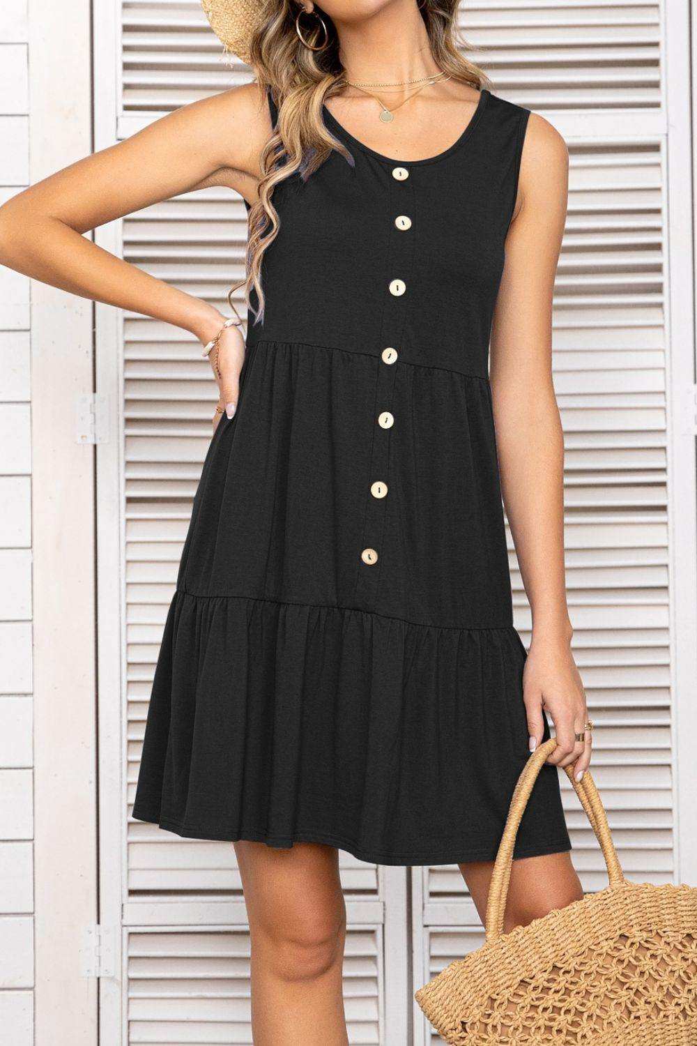 Decorative Button Scoop Neck Sleeveless Tiered Dress - Trendsi - Flyclothing LLC