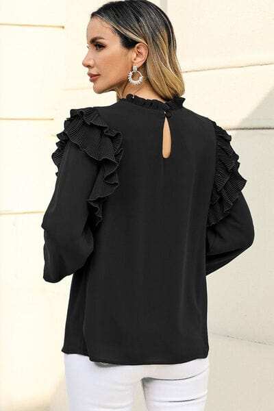 Ruffled Round Neck Long Sleeve Blouse - Trendsi - Flyclothing LLC