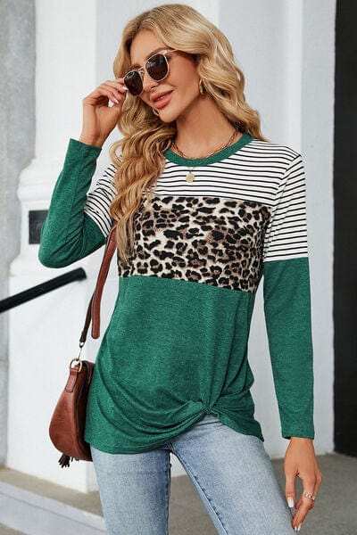 Leopard Striped Round Neck T-Shirt - Trendsi - Flyclothing LLC