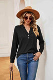 Buttoned Notched Neck Long Sleeve Top - Trendsi - Flyclothing LLC