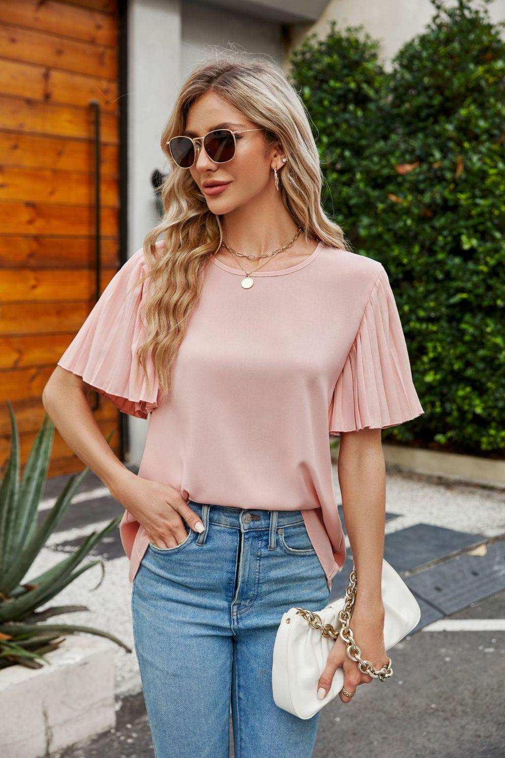 Pleated Flutter Sleeve Round Neck Blouse - Trendsi - Flyclothing LLC