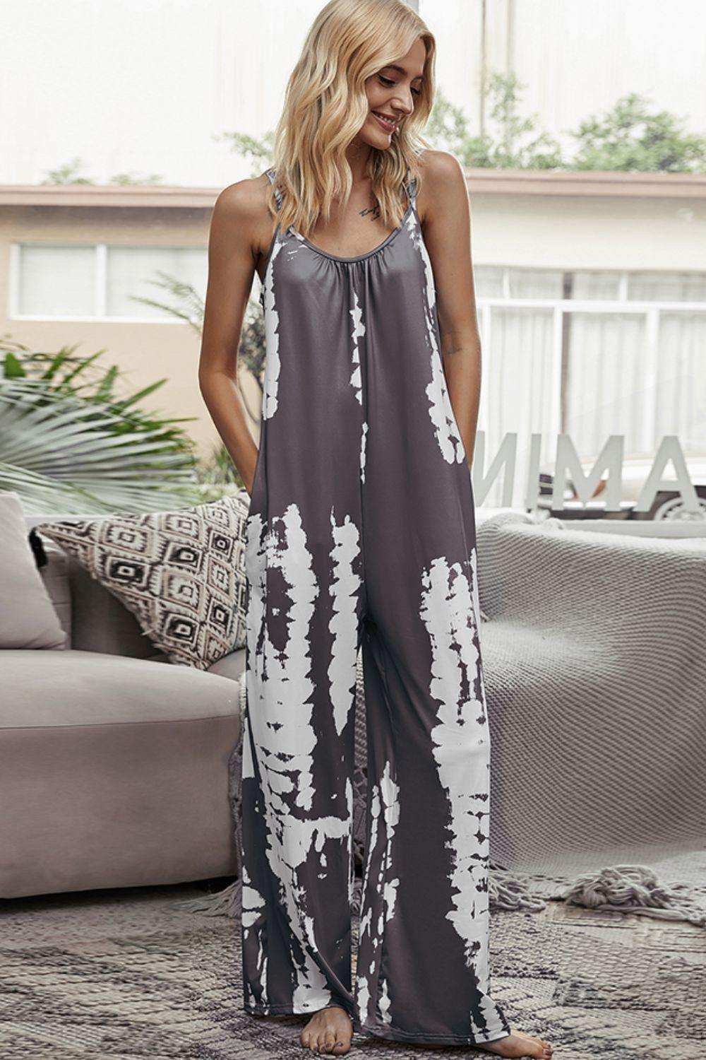 Tie-Dye Spaghetti Strap Jumpsuit with Pockets - Trendsi - Flyclothing LLC