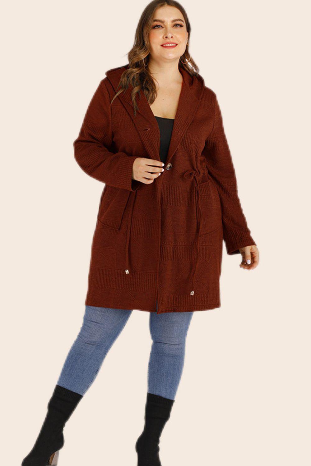 Plus Size Drawstring Waist Hooded Cardigan with Pockets - Flyclothing LLC