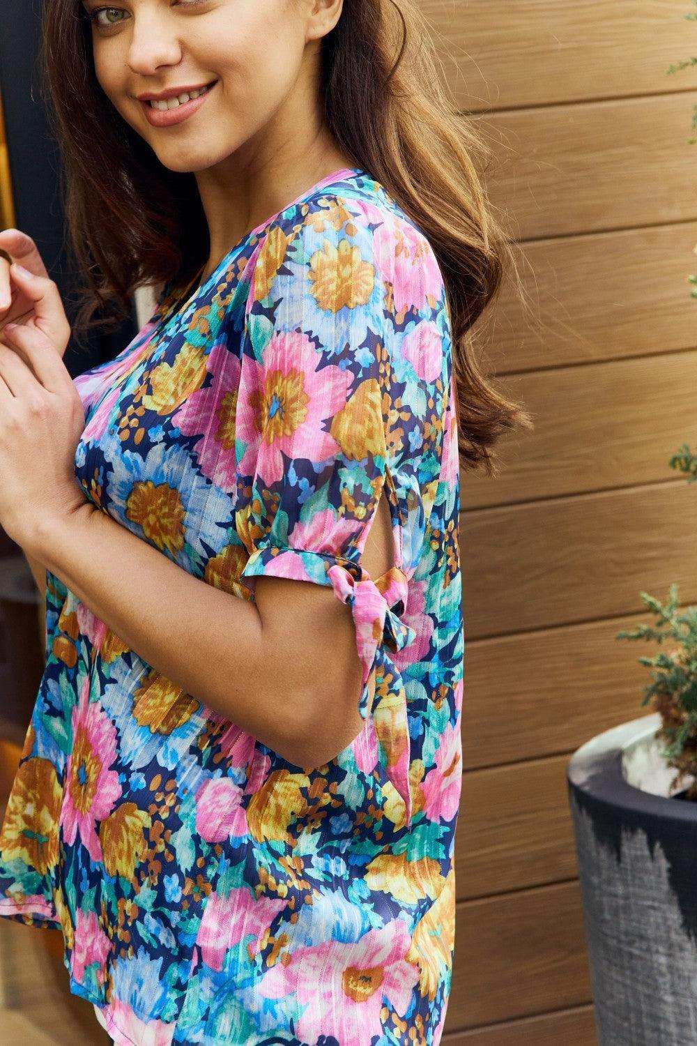 Petal Dew Full Size Floral V-Neck Tie Detail Blouse - Trendsi - Flyclothing LLC