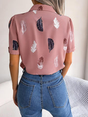 Feather Print Lapel Collar Puff Sleeve Shirt - Trendsi