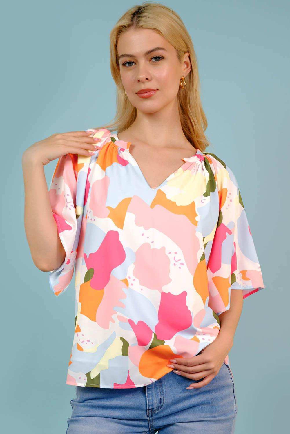 Printed Notched Neck Half Sleeve Blouse - Trendsi - Flyclothing LLC