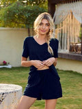 V-Neck Short Sleeve Top and Pocketed Shorts Lounge Set - Trendsi - Flyclothing LLC