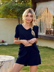 V-Neck Short Sleeve Top and Pocketed Shorts Lounge Set - Flyclothing LLC