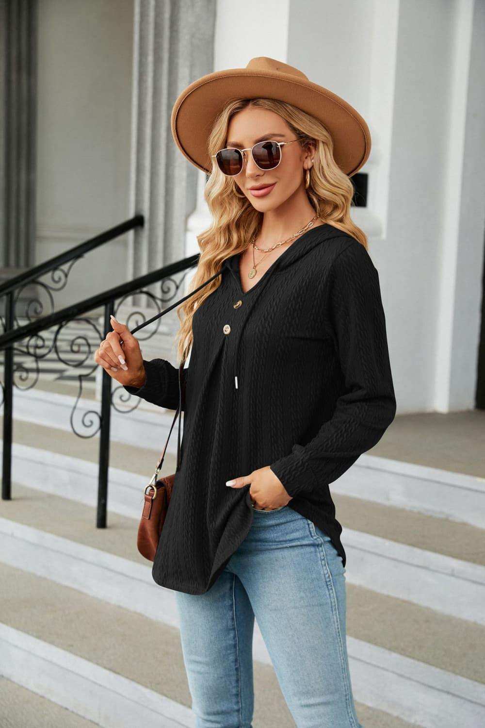Long Sleeve Hooded Blouse - Trendsi - Flyclothing LLC