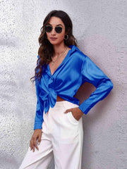 Collared Neck Buttoned Long Sleeve Shirt - Trendsi