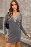 V-Neck Long Sleeve Mini Sweater Dress - Trendsi - Flyclothing LLC