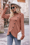 Ribbed Round Neck Buttoned Long Sleeve Tee - Trendsi - Flyclothing LLC