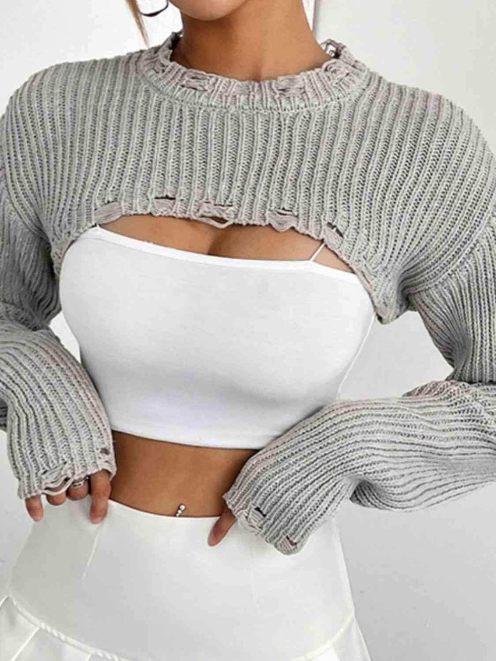 Distressed Long Sleeve Cropped Sweater - Trendsi - Flyclothing LLC