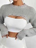 Distressed Long Sleeve Cropped Sweater - Trendsi