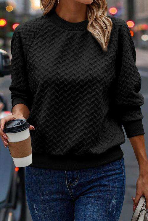 Texture Round Neck Long Sleeve Sweatshirt - Trendsi - Flyclothing LLC
