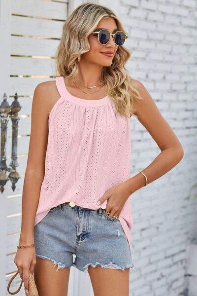 Openwork Round Neck Wide Strap Tank - Trendsi - Flyclothing LLC