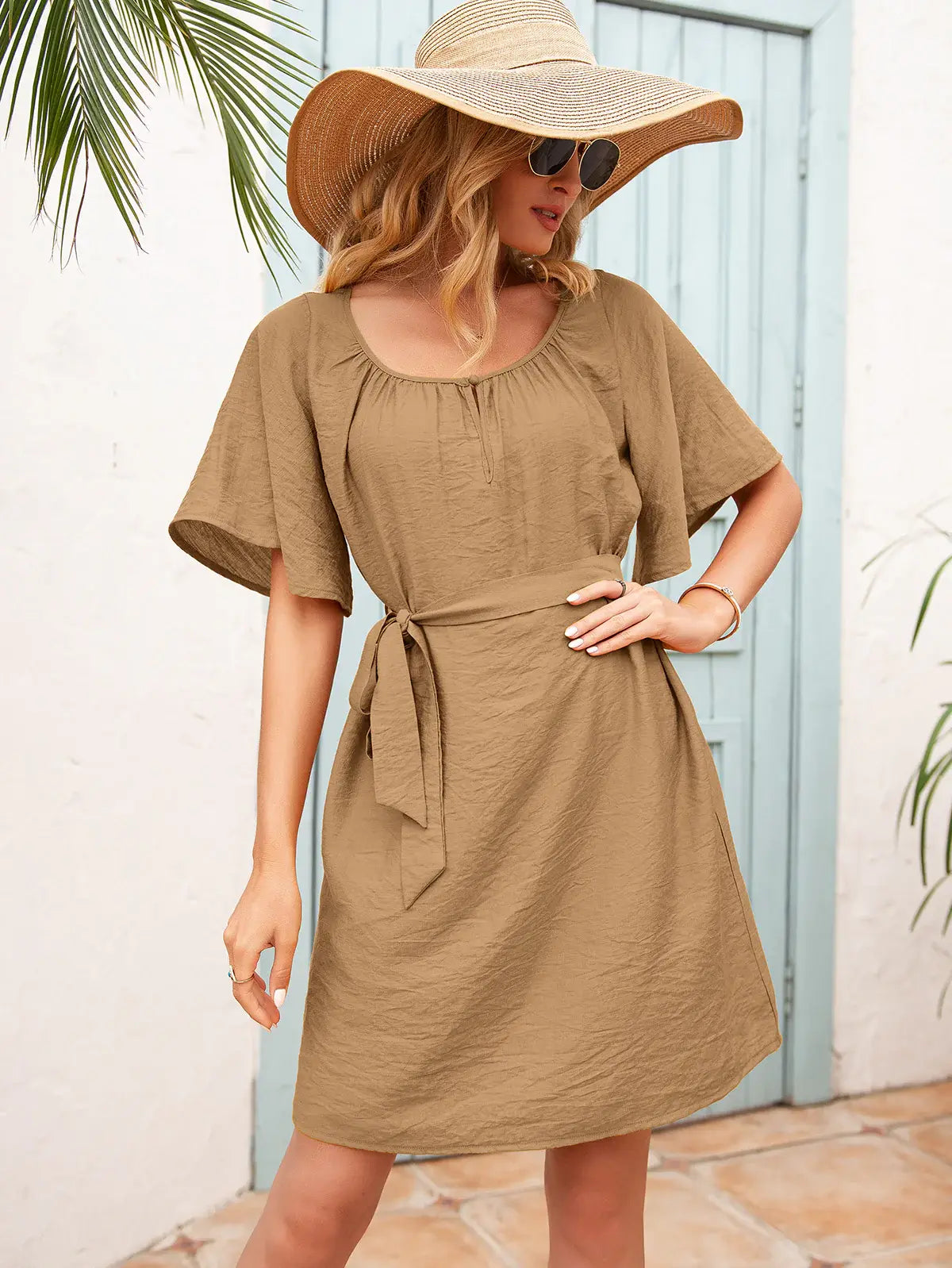 Tie Waist Flutter Sleeve Mini Dress - Trendsi - Flyclothing LLC