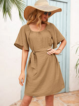 Tie Waist Flutter Sleeve Mini Dress - Trendsi - Flyclothing LLC