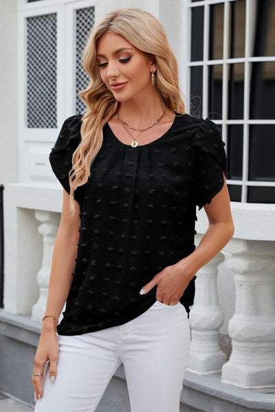 Swiss Dot Round Neck Short Sleeve T-Shirt - Trendsi - Flyclothing LLC