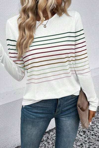 Striped Round Neck Long Sleeve T-Shirt - Trendsi - Flyclothing LLC