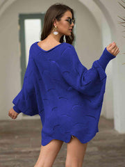 Full Size Boat Neck Lantern Sleeve Openwork Knit Top - Trendsi