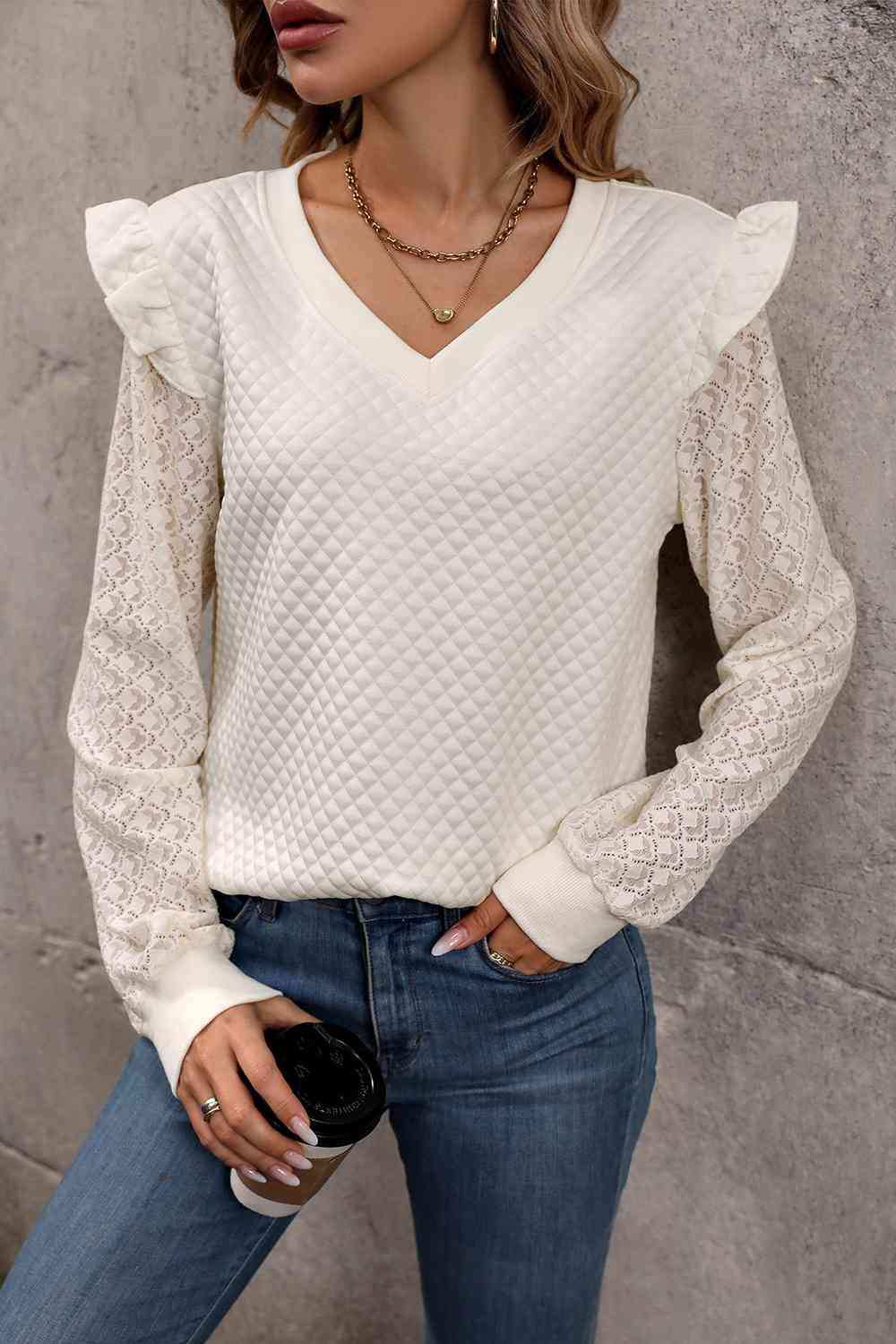V-Neck Ruffle Trim Long Sleeve Sweatshirt - Trendsi - Flyclothing LLC